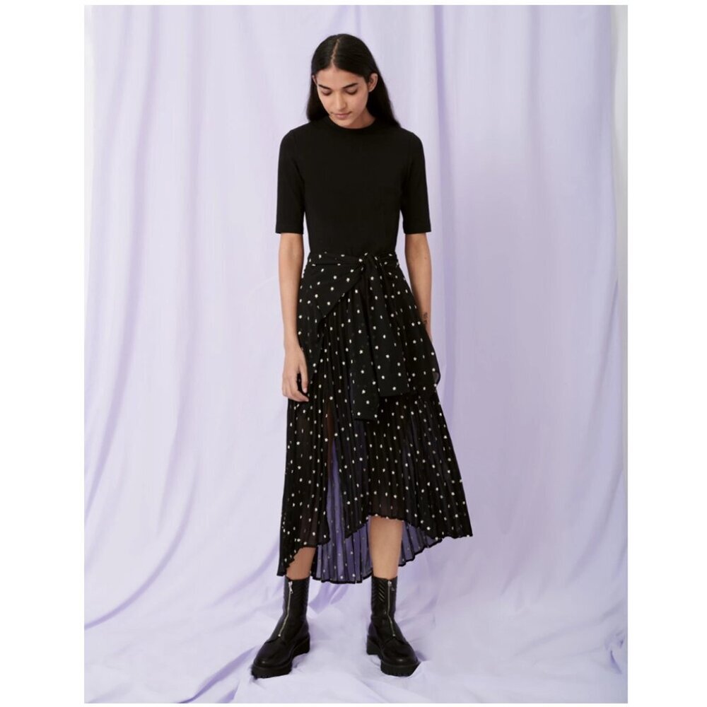 Maje Rivoli Micro-Floral Embroidered Midi Black Dress